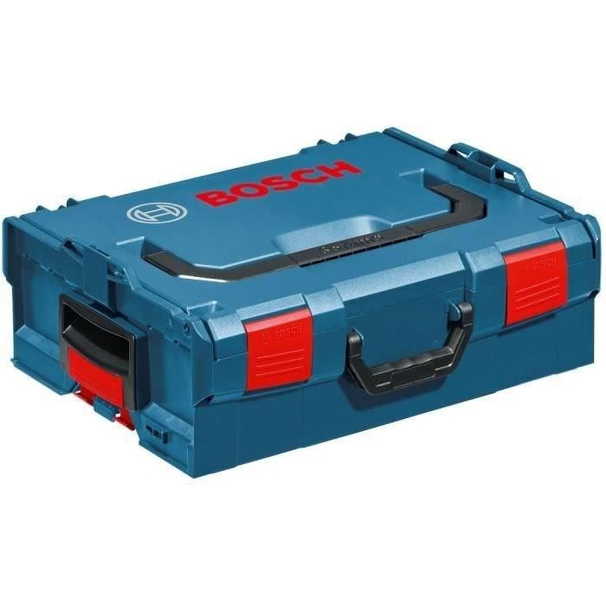 Caja de herramientas Bosch azul con pestillos rojos y asa negra. Logo en la tapa.