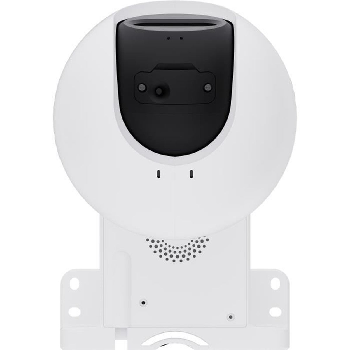 Biała kamera bezpieczeństwa z czarnym obiektywem i uchwytem na białym tle.