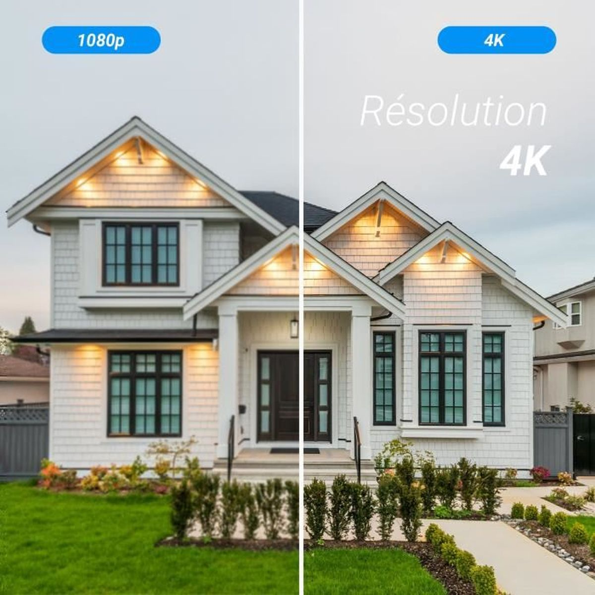 Podzielony obraz domu z zewnątrz. Lewa strona 1080p, prawa rozdzielczość 4K.