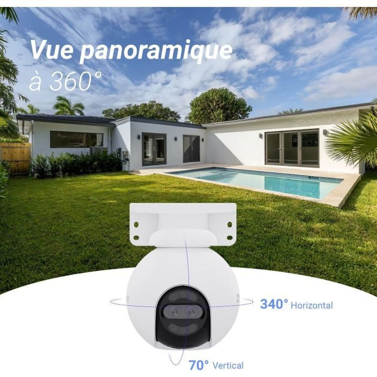 Biała głowica kamery bezpieczeństwa PTZ z niebieskim niebem i domem z basenem w tle.