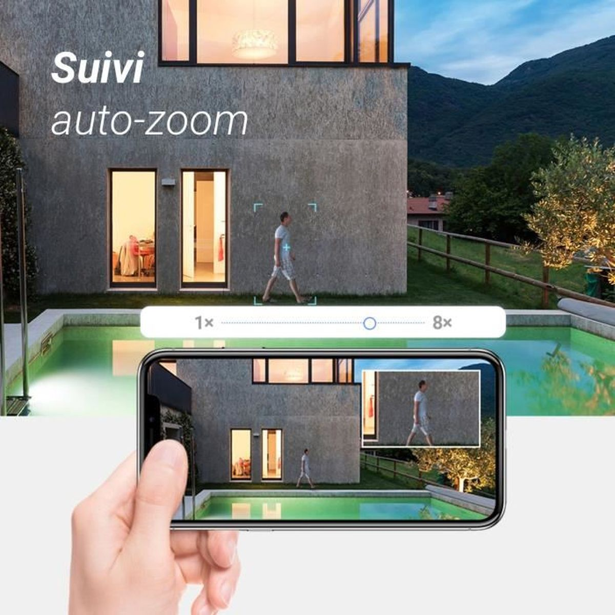 Mężczyzna idzie przy basenie, telefon pokazuje zoom 1x do 8x.