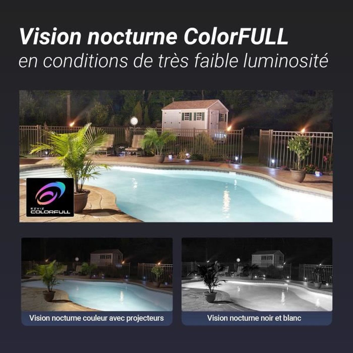 Basen nocą z domem w tle. Kolorowy i czarno-biały.