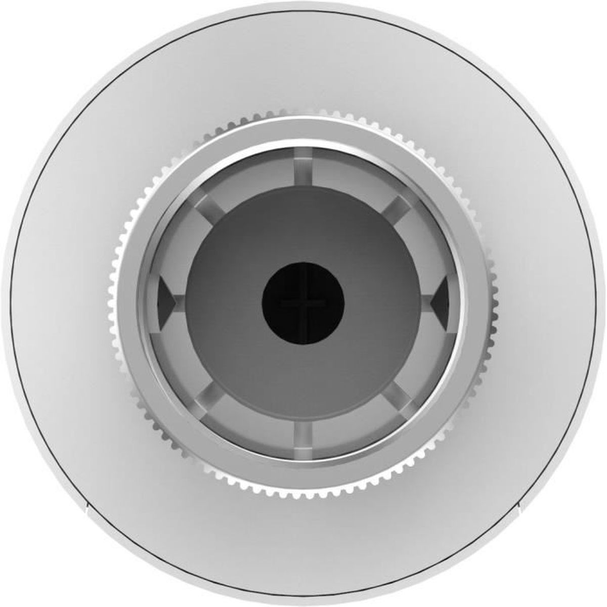 Zbliżenie białego urządzenia z okrągłym wzorem i czarnym środkiem.