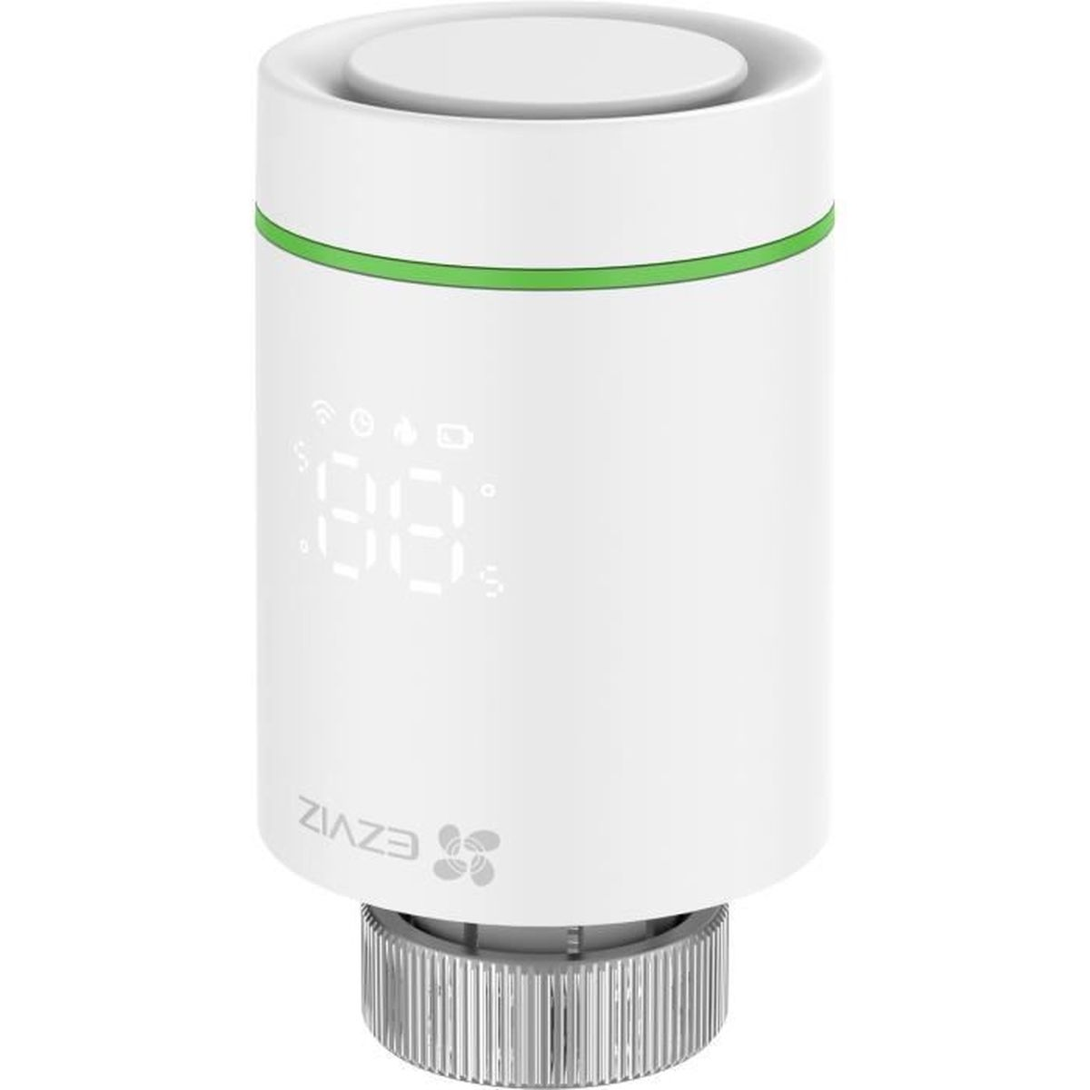Białe urządzenie inteligentne z cyfrowym wyświetlaczem i zielonym pierścieniem.