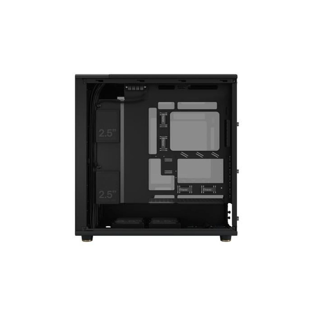 Una caja de PC negra con bahías de disco internas visibles y opciones de gestión de cables.