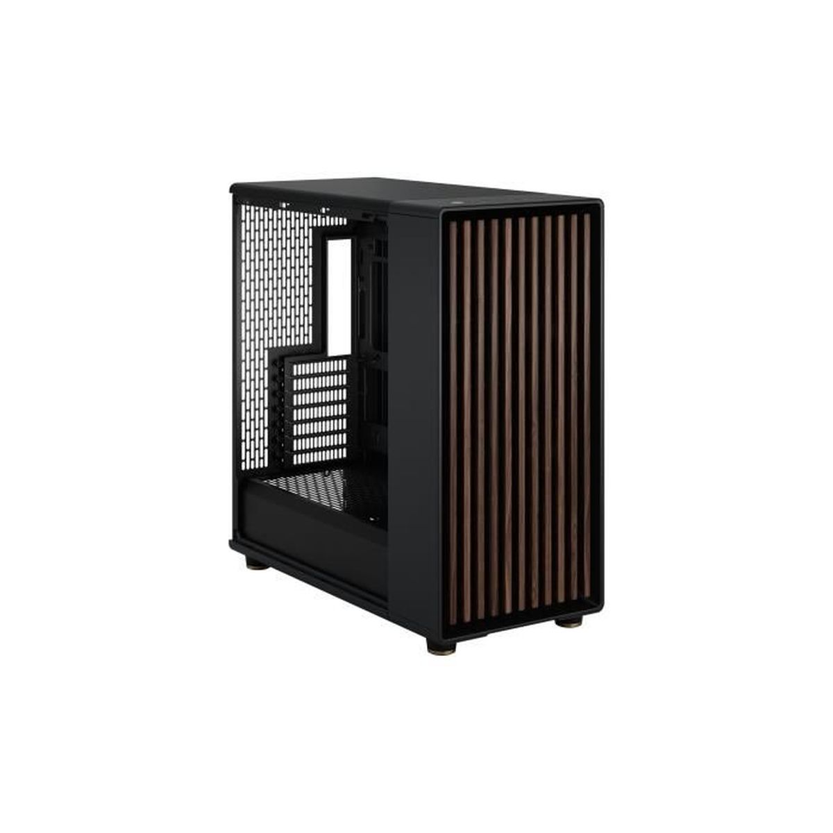 Caja de PC negra con frontal de madera y lateral de malla sobre fondo blanco.