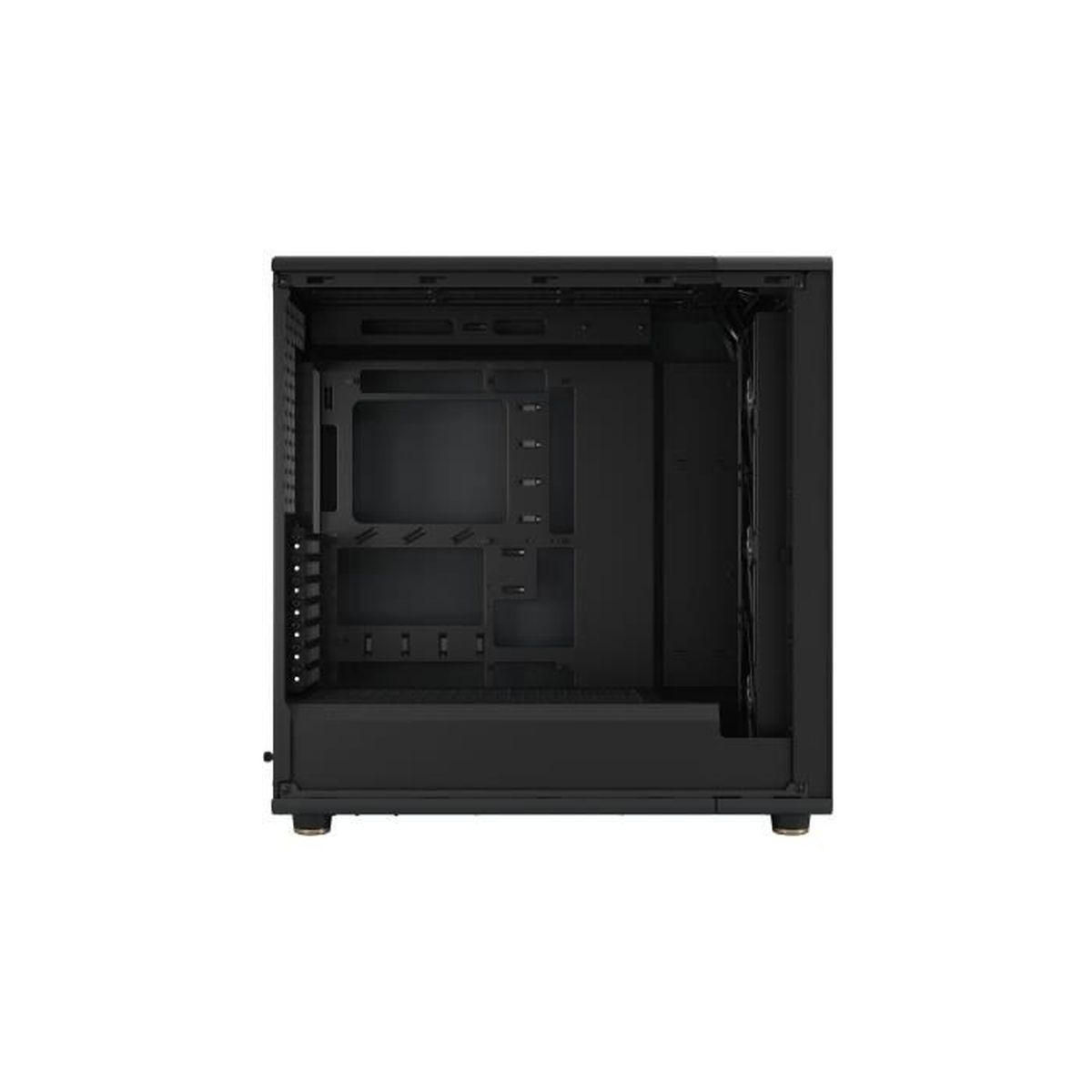 Una caja de ordenador negra con el panel lateral abierto, mostrando componentes internos.