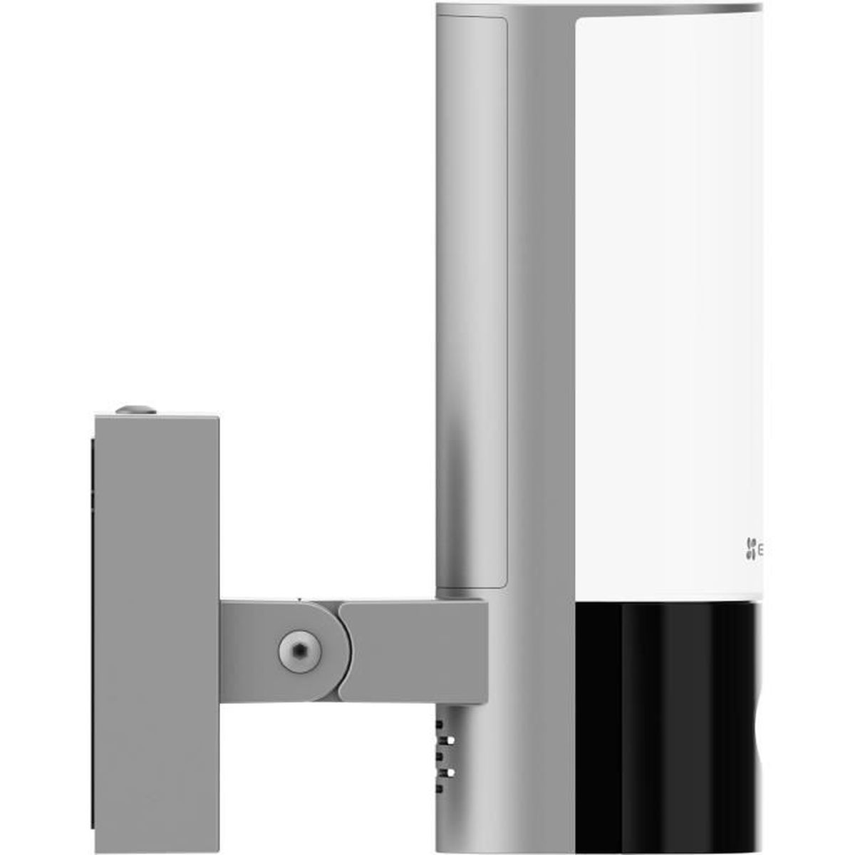 Zilverkleurige camera met zwarte voet en witte bovenkant, op grijze arm.