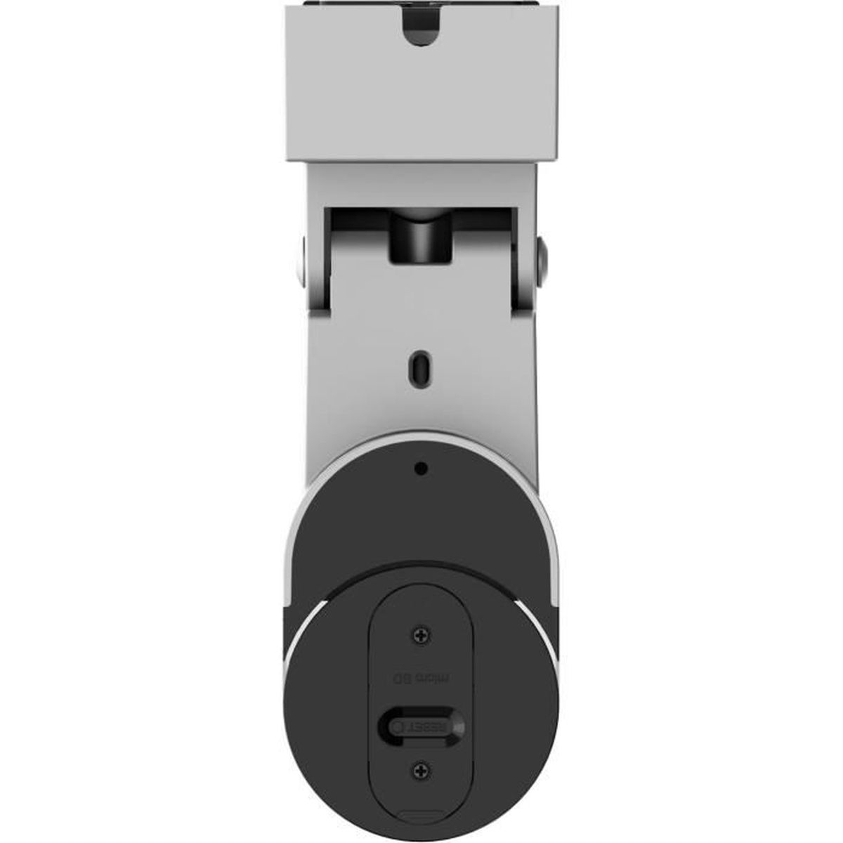 Een zilveren en zwarte camera met een resetknop en een micro SD-sleuf.
