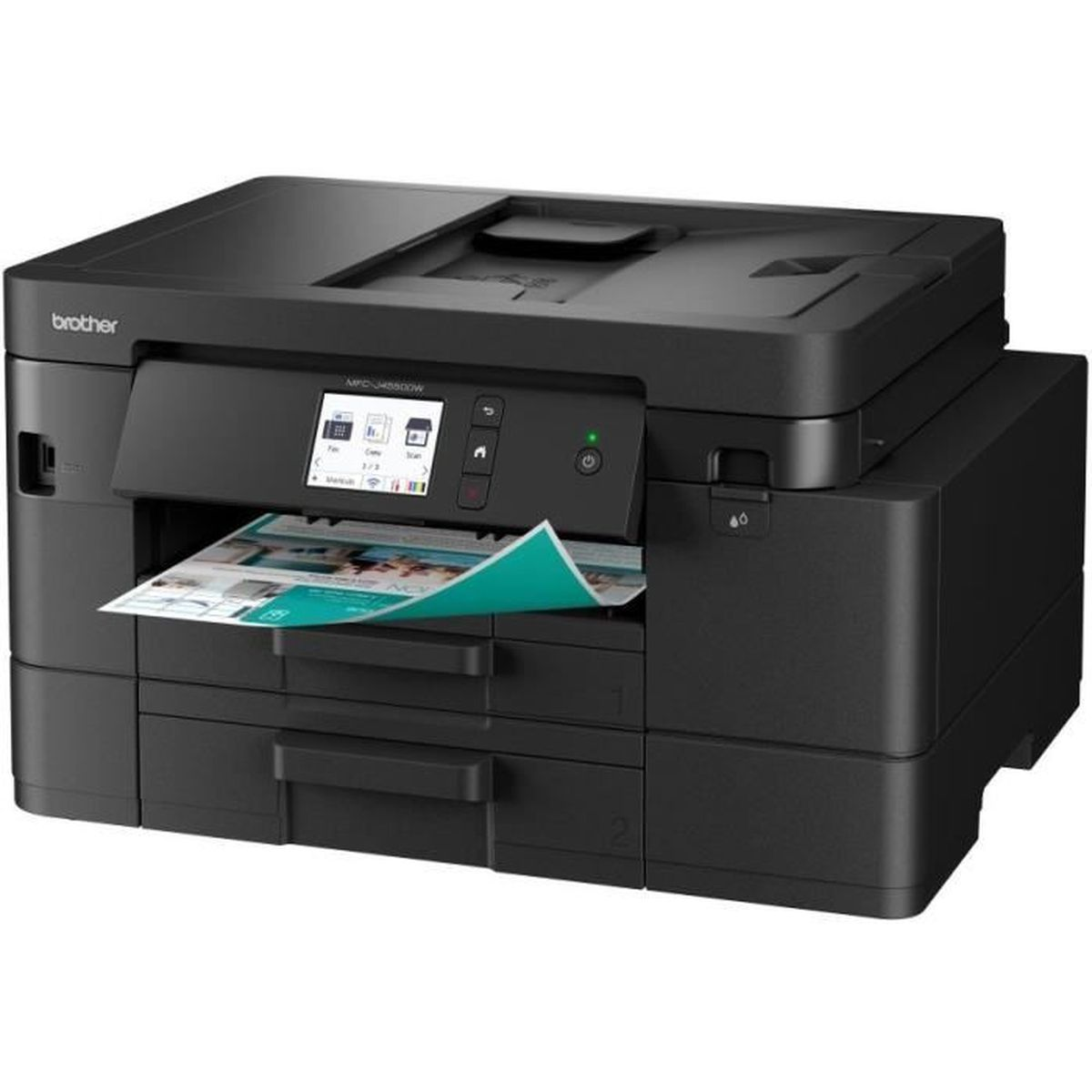 Een zwarte Brother printer met papier dat uit de lade komt.