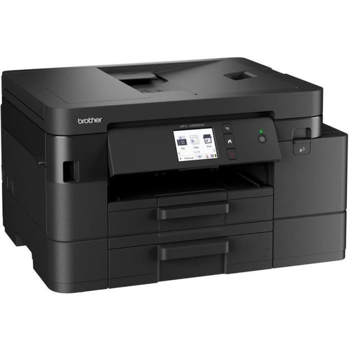 Een zwarte Brother printer met twee lades en een touchscreen display.