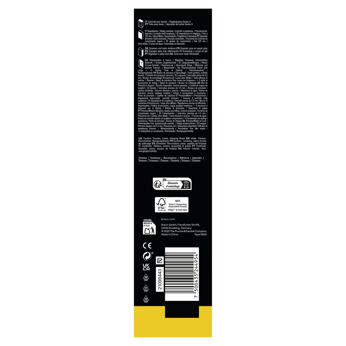 Produktinformationen für einen Braun Trimmer mit Zubehör und CE-Kennzeichnung.