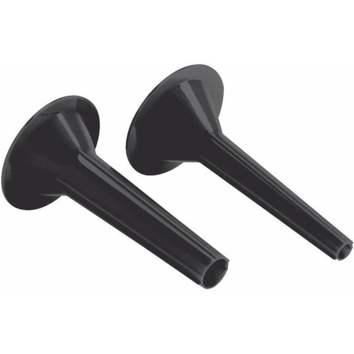 Dwa czarne plastikowe lejki z rowkowanymi trzonkami na białym tle.