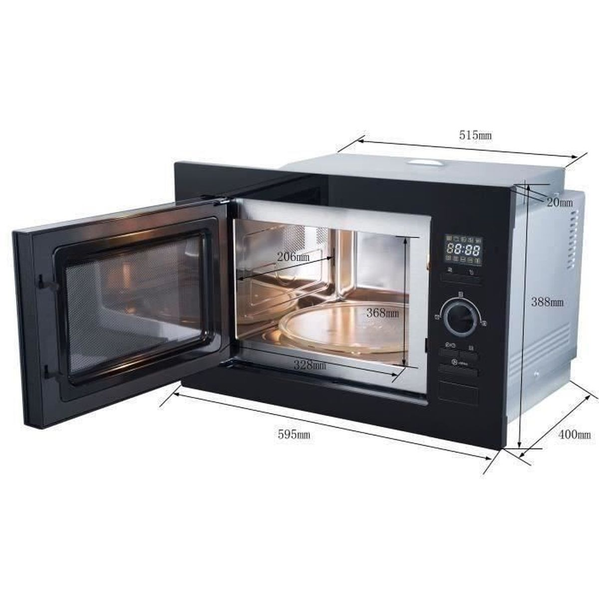Un forno a microonde da incasso con porta aperta, dimensioni mostrate.