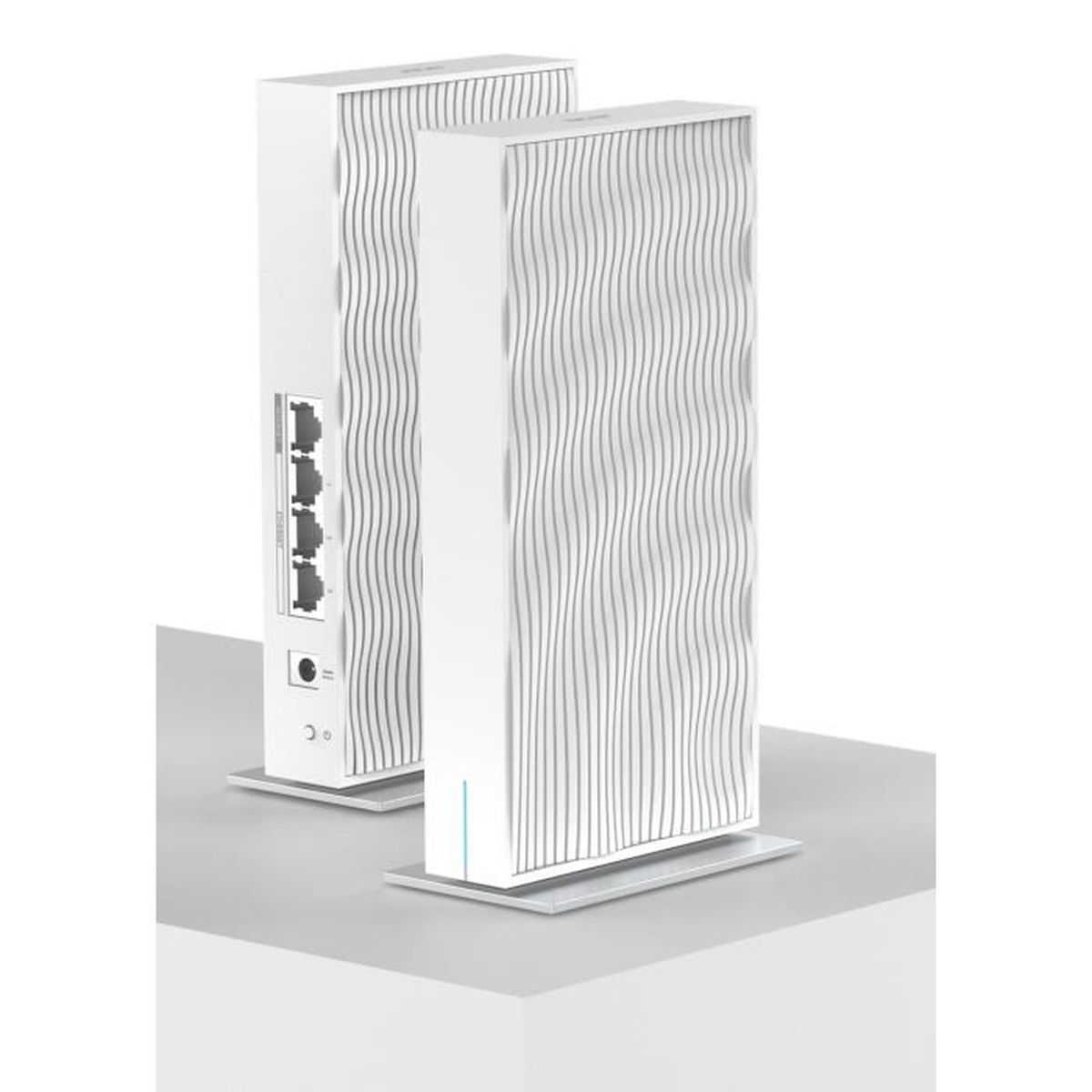 Zwei weiße Router mit Wellenmuster auf grauem Untergrund.