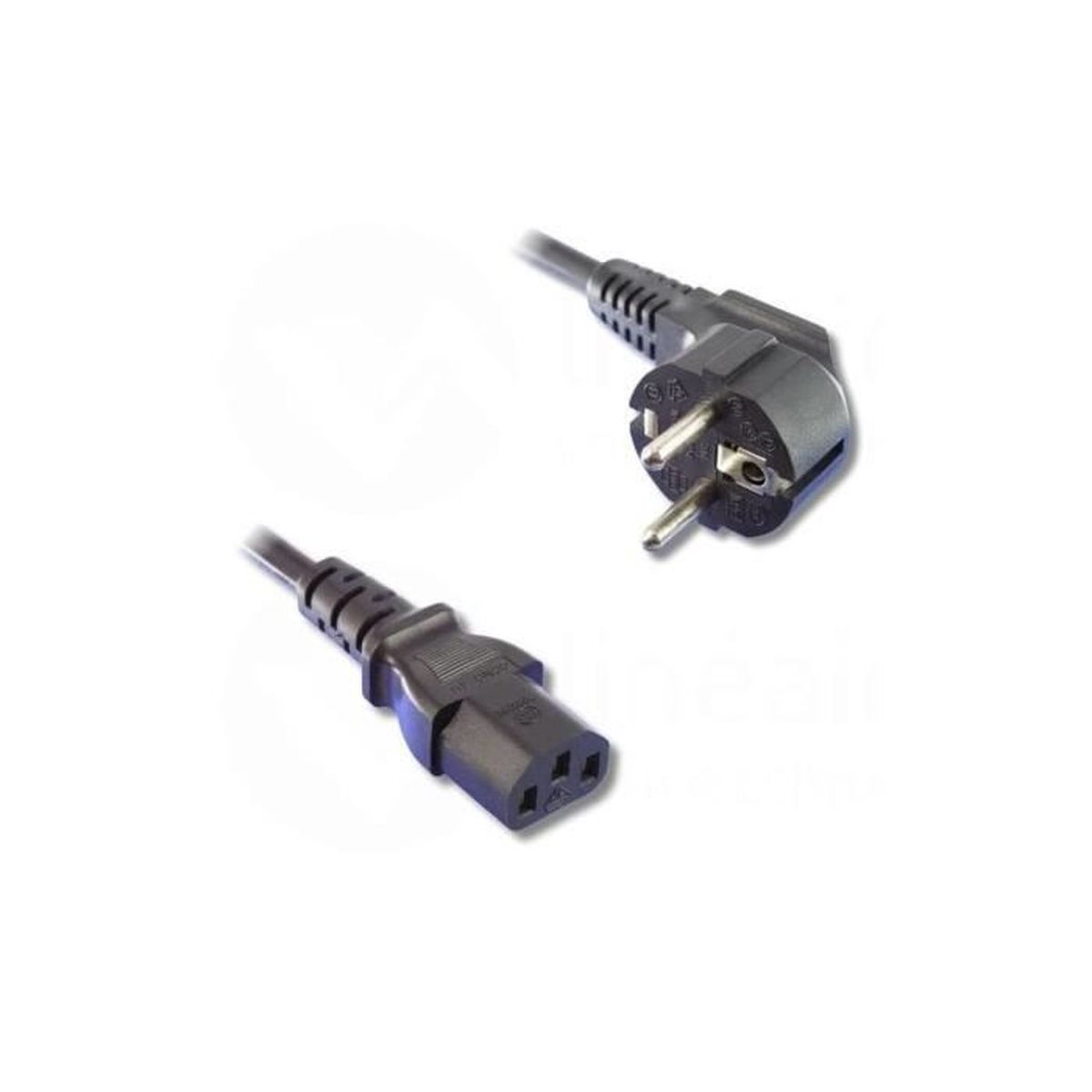 Zwei schwarze Stromkabelstecker, ein Eurostecker und ein C13-Anschluss.