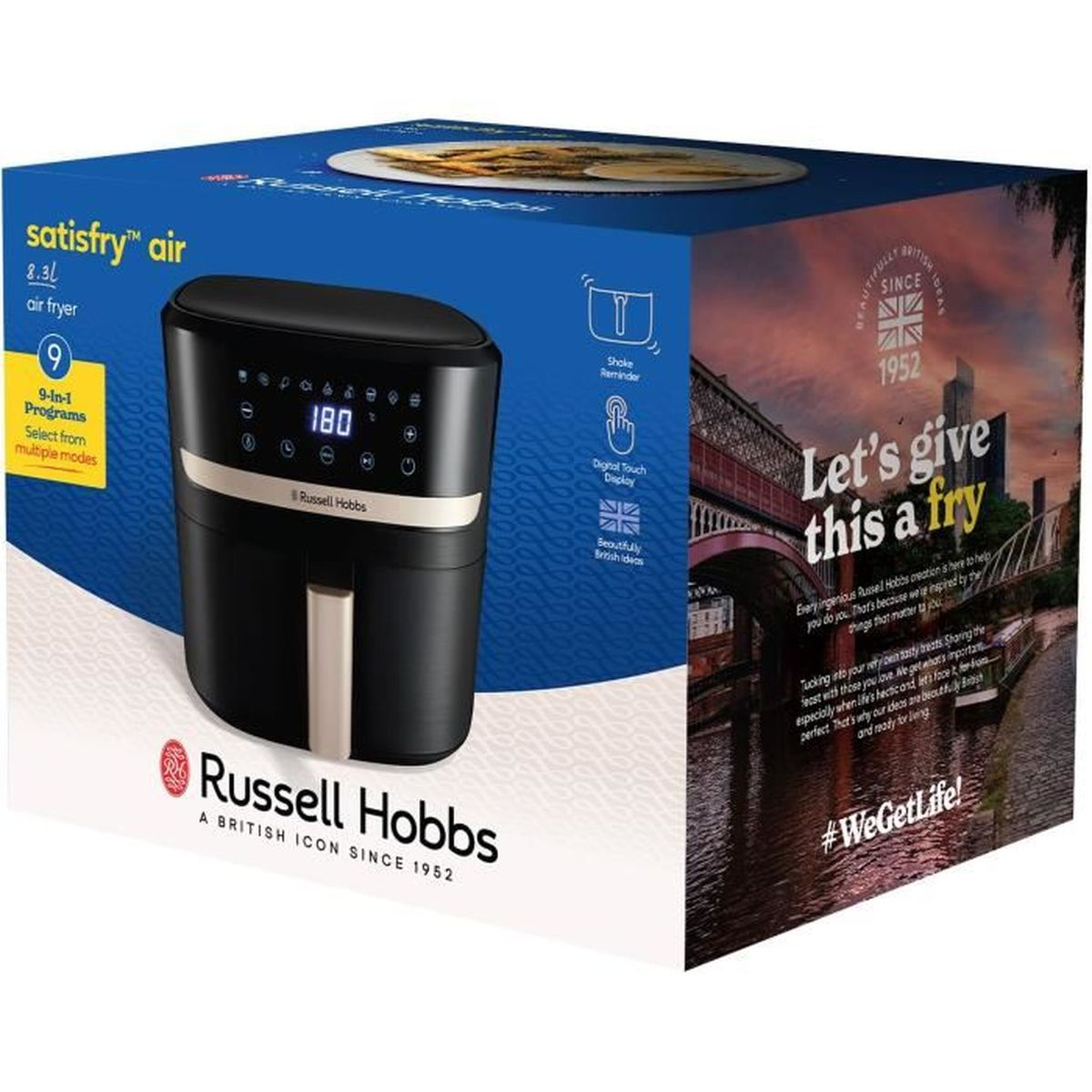 Verpackung eines Russell Hobbs Heißluftfritteusen mit digitalem Display und britischen Motiven.