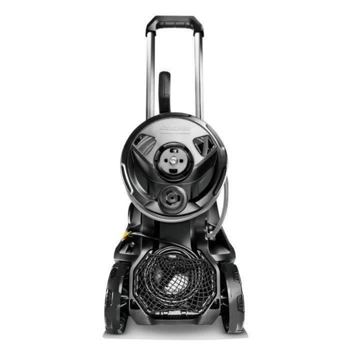 A black pressure washer with wheels and a retractable handle, shown front-on.