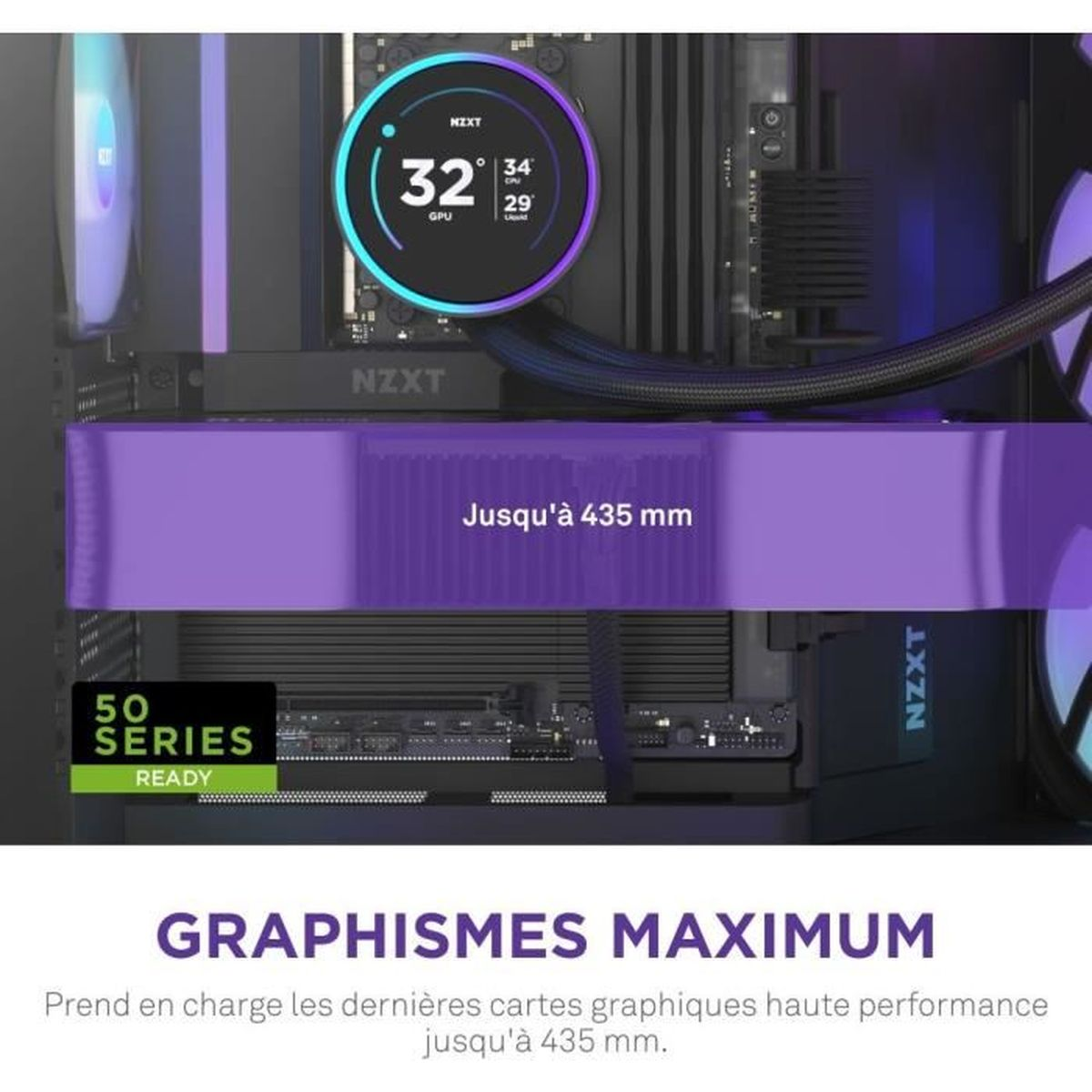 Una caja de PC con tarjeta gráfica morada y pantalla de temperatura (32°C).