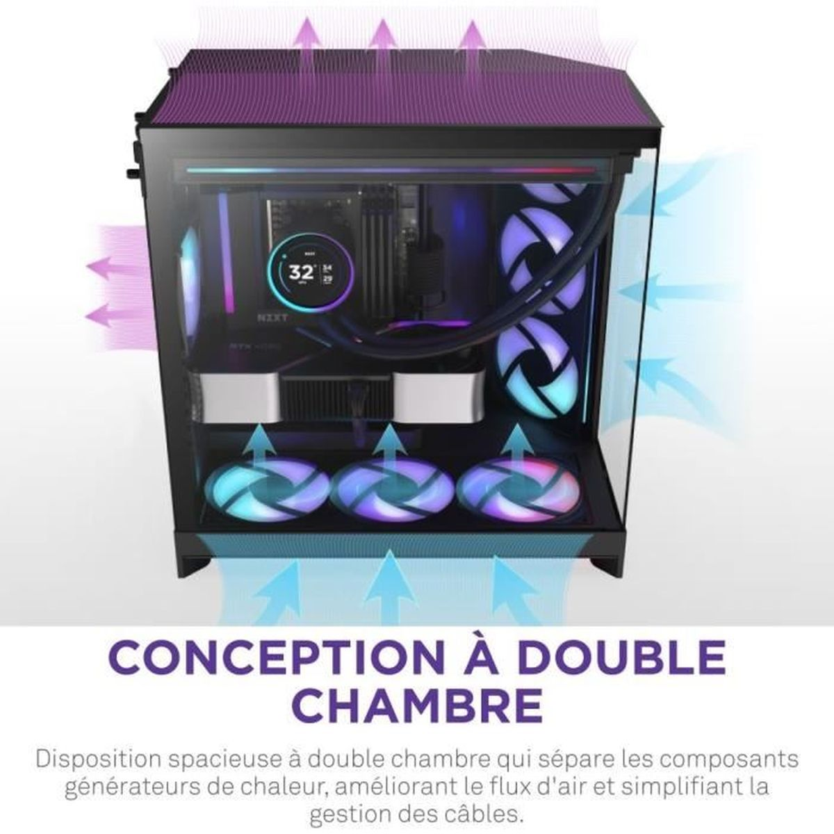 Una caja de PC con diseño de doble cámara para mejorar el flujo de aire.
