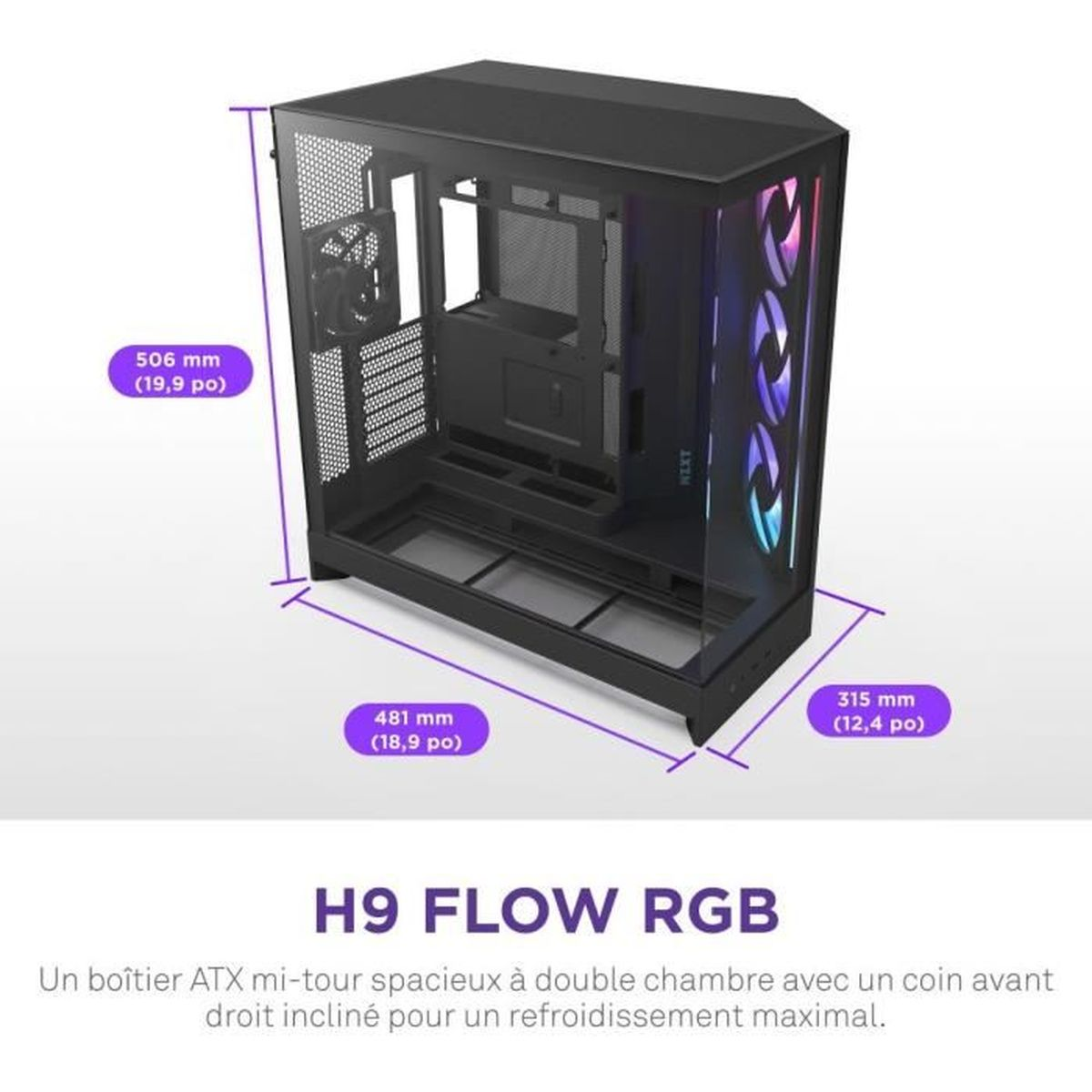 Una caja de PC ATX negra con ventiladores RGB y dimensiones.