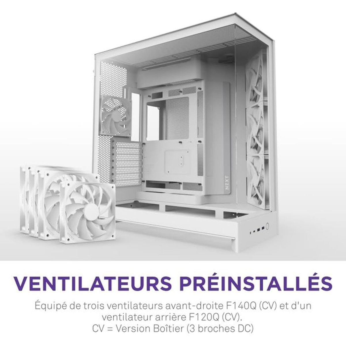 Biała obudowa komputera z trzema wentylatorami z przodu i jednym z tyłu.