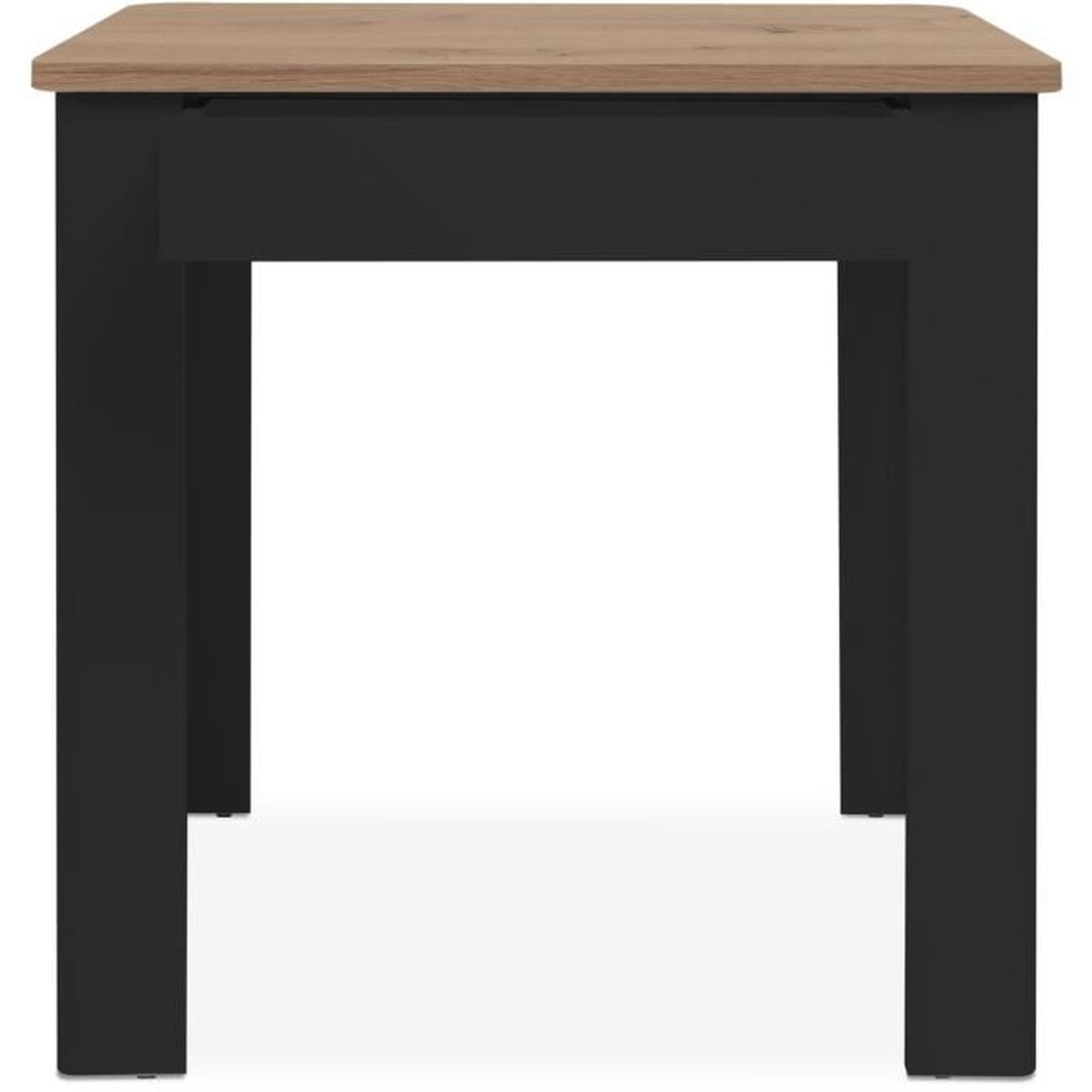 Ein moderner Tisch mit schwarzem Gestell und Holzplatte.