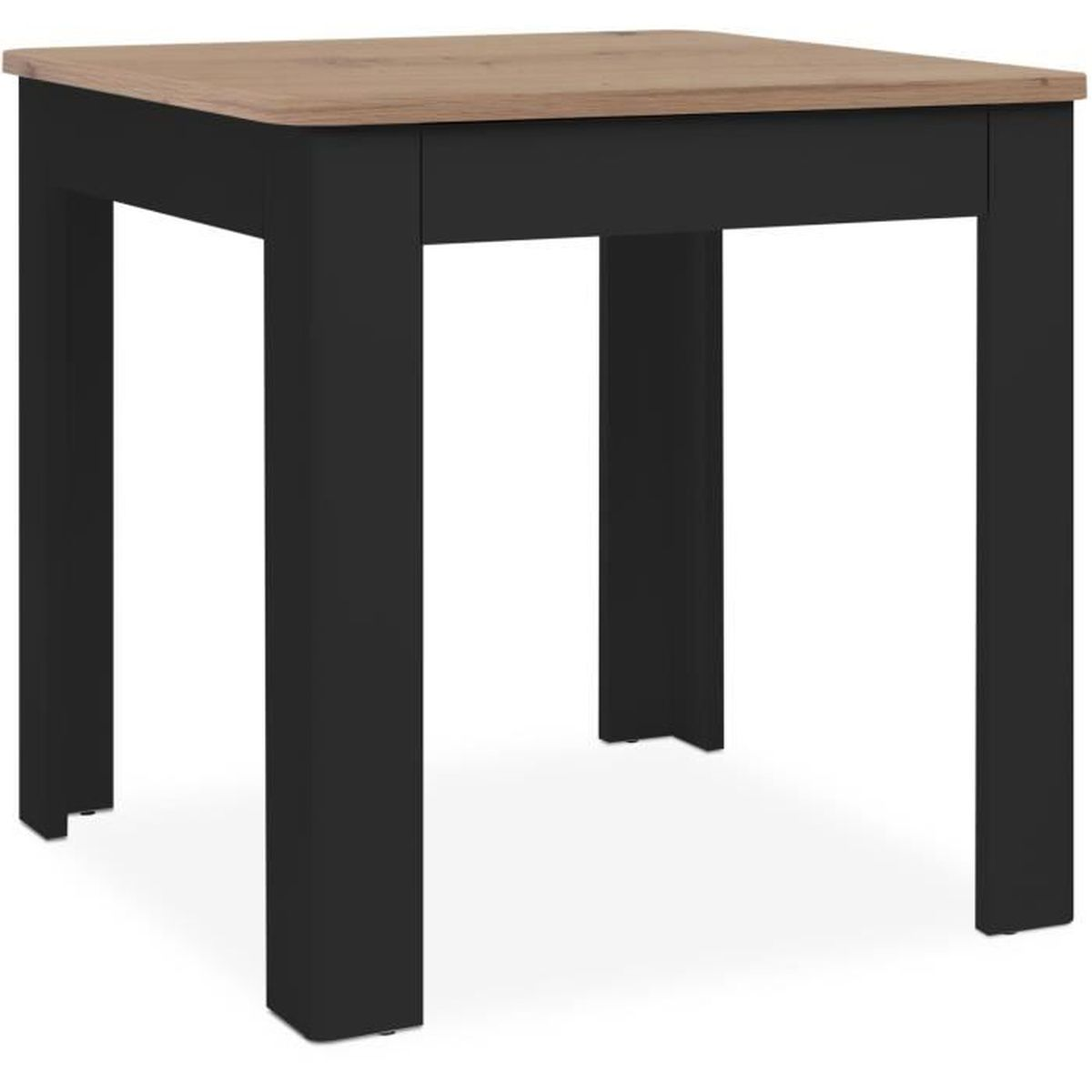 Ein kleiner Holztisch mit schwarzen Beinen.