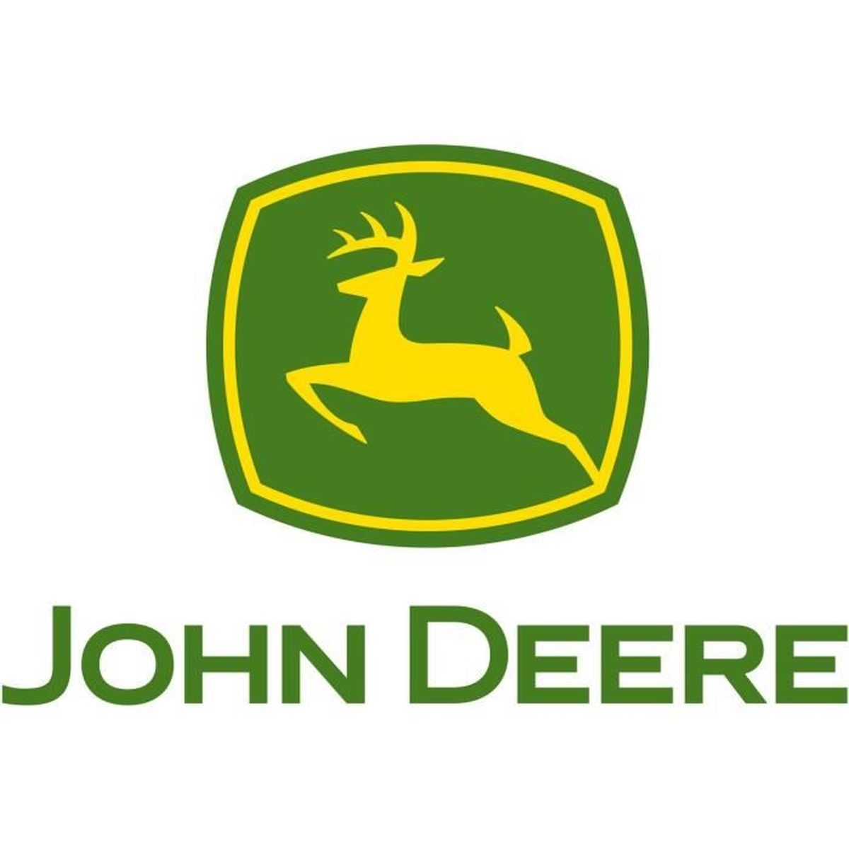 Emblema verde con cervo giallo e scritta JOHN DEERE.
