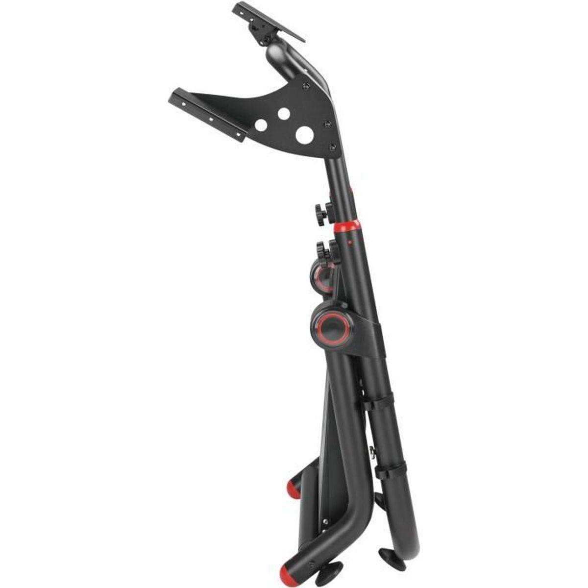 Un soporte de equipo de fitness negro con detalles rojos, que presenta múltiples componentes ajustables y una base resistente sobre fondo blanco.
