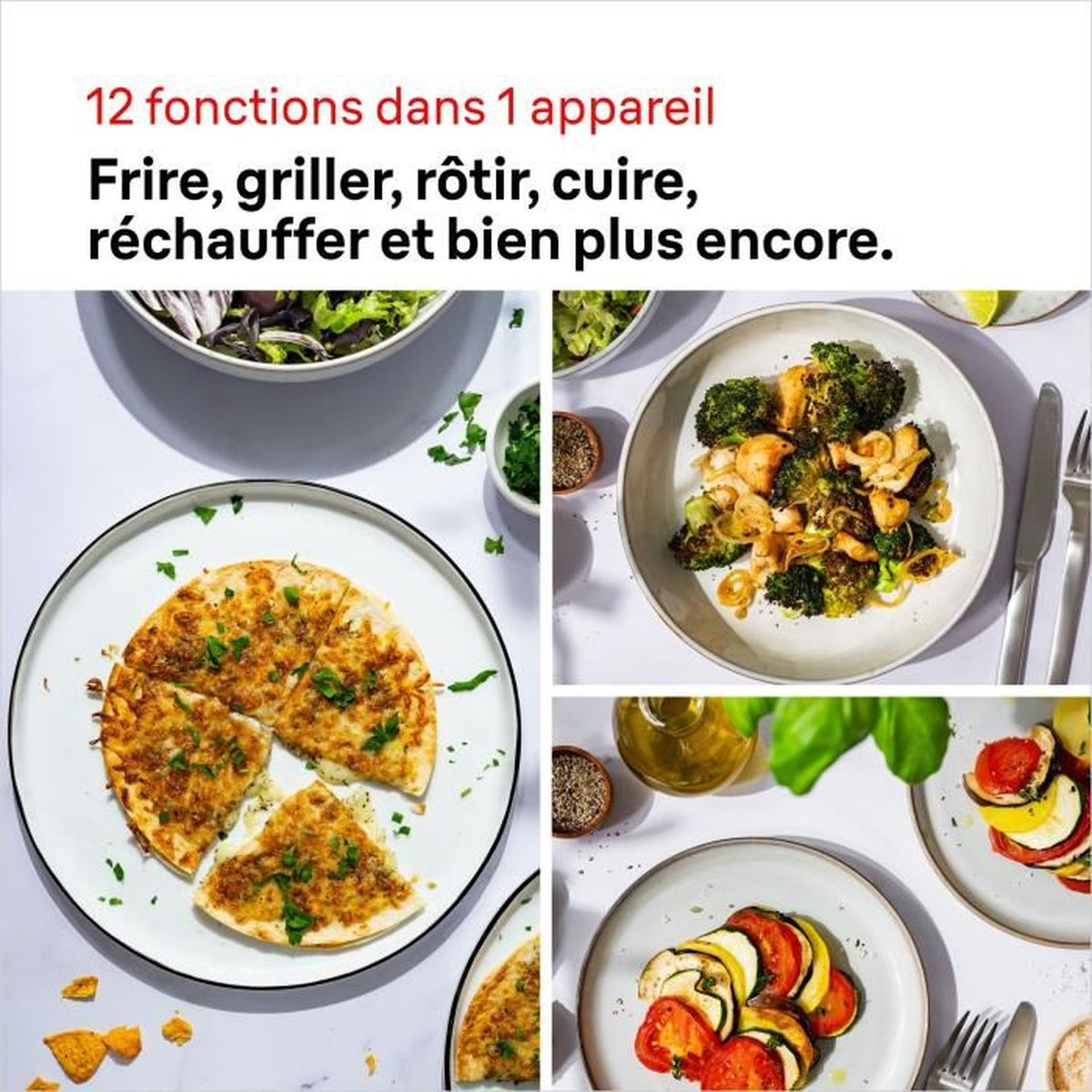 Stół z różnymi potrawami: quesadilla, kurczak z brokułami, ratatouille.