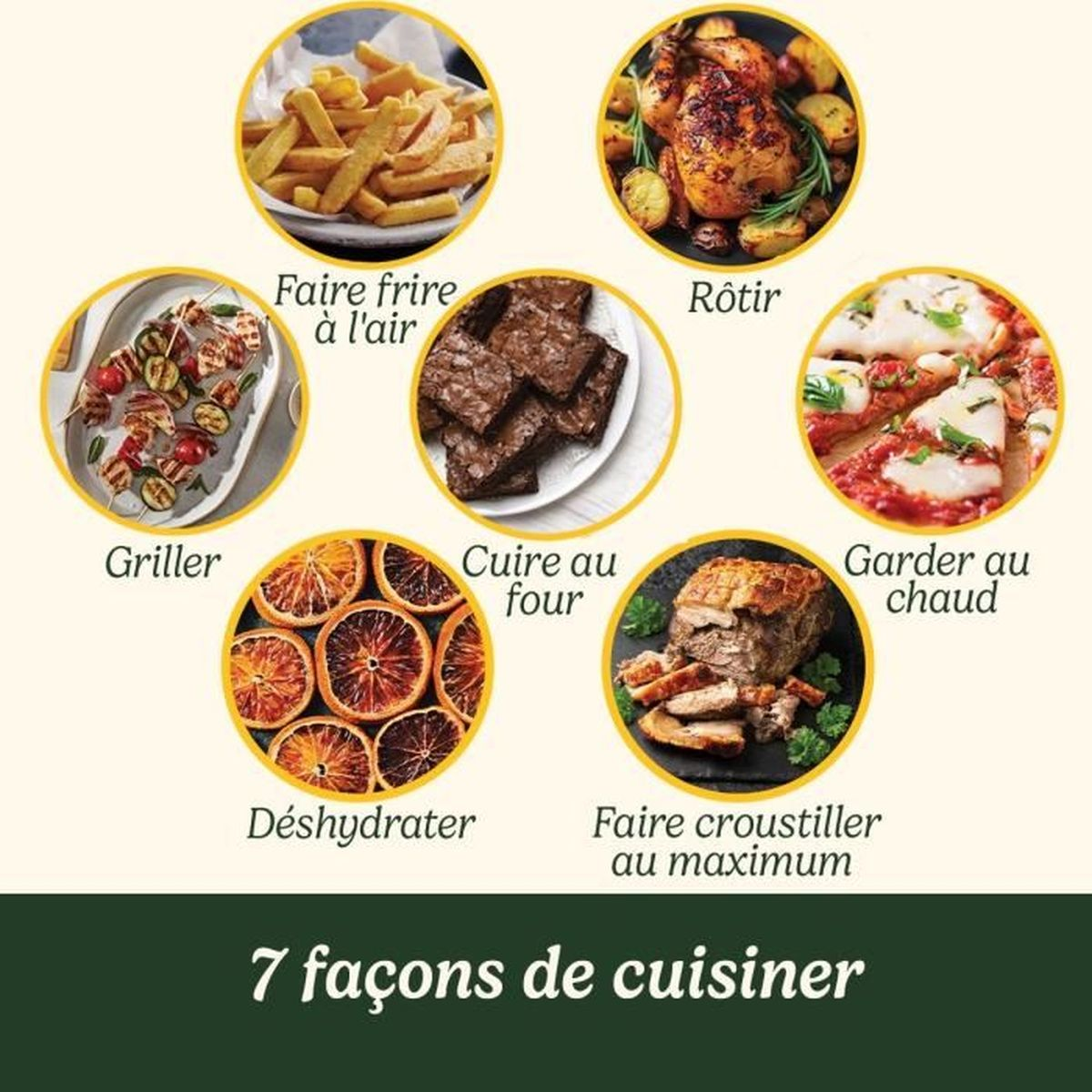 Collage von Kochmethoden: Pommes, Brownies, Hähnchen, Pizza, Spieße, Orangen, Braten.