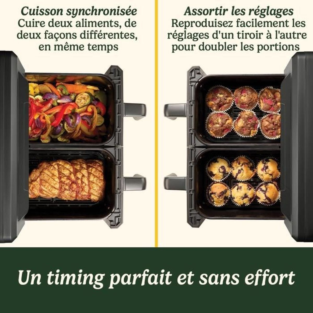 Doppelte Heißluftfritteuse mit Gemüse und Braten oben, Muffins unten.