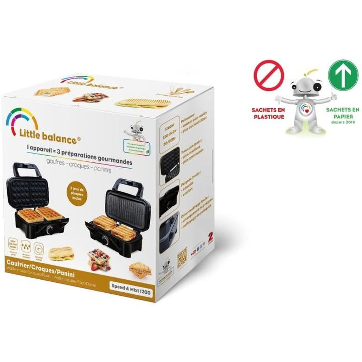 Opakowanie gofrownicy/grilla do kanapek/panini Little Balance z akcesoriami i ilustracjami żywności.