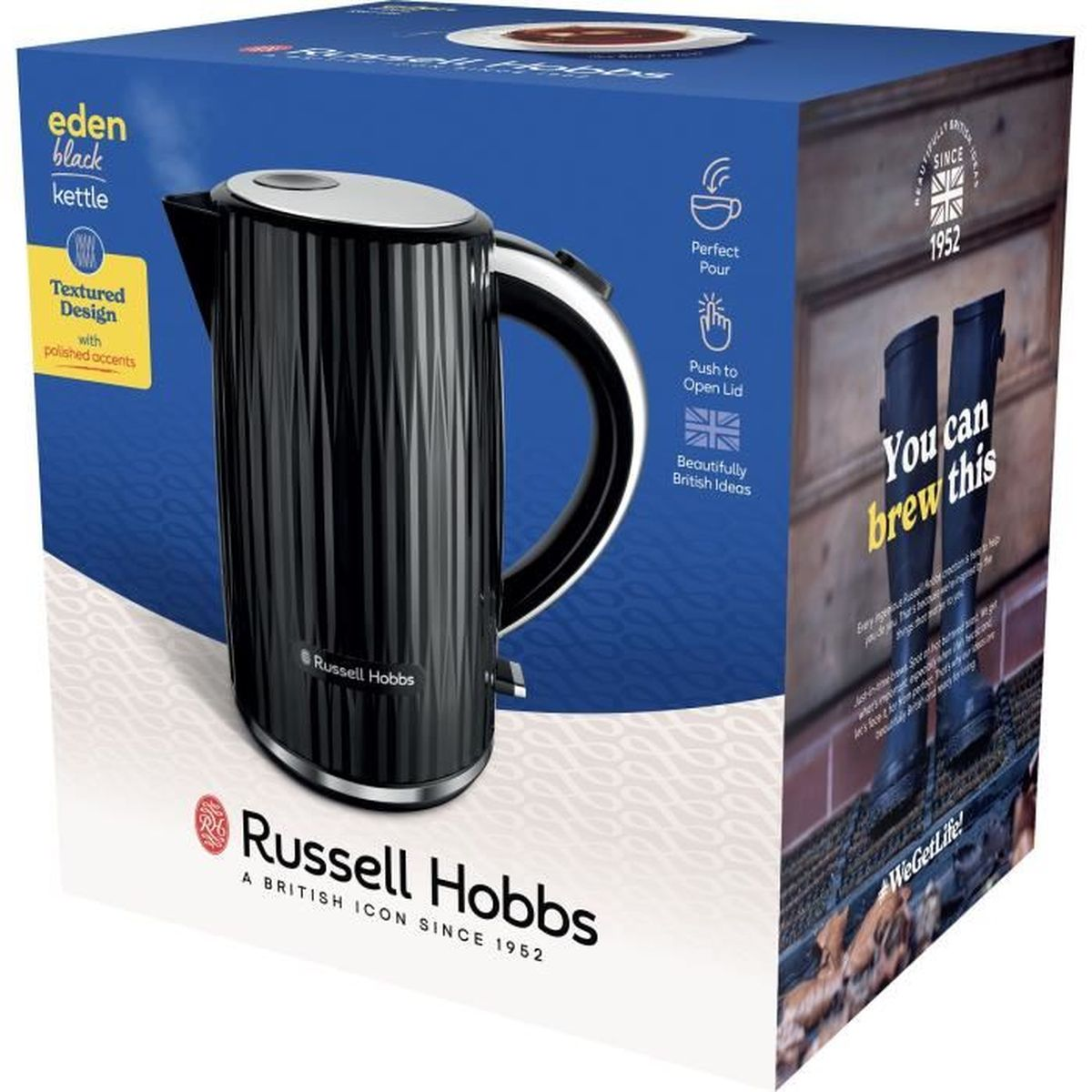 Una caja de hervidor Russell Hobbs Eden negra con diseño texturizado.
