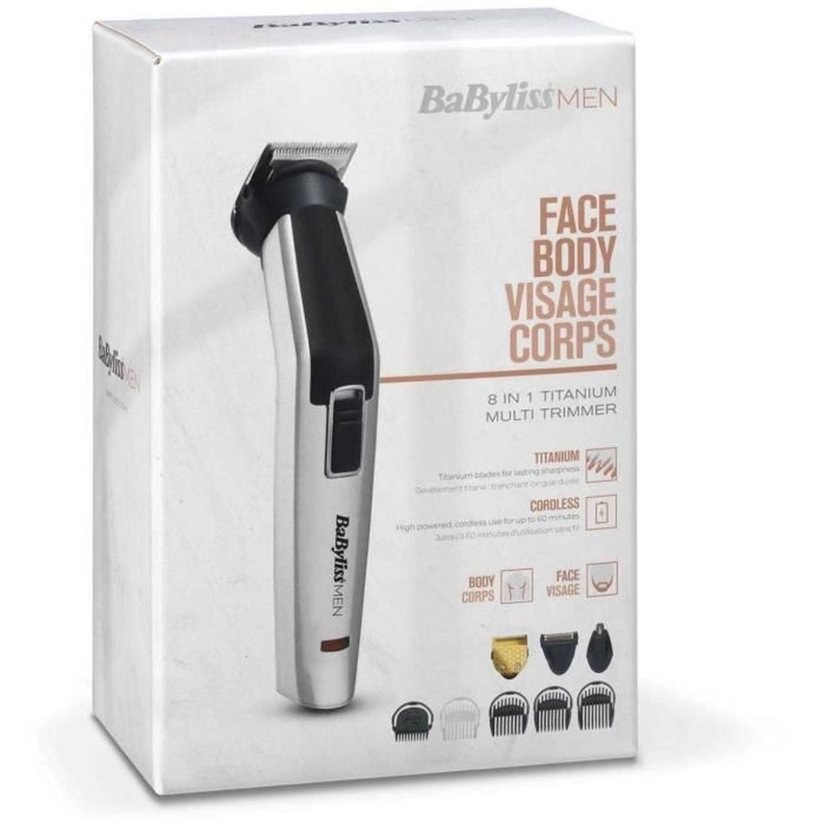 Verpackung eines BaByliss MEN Gesichts-/Körperschneiders mit Zubehör.