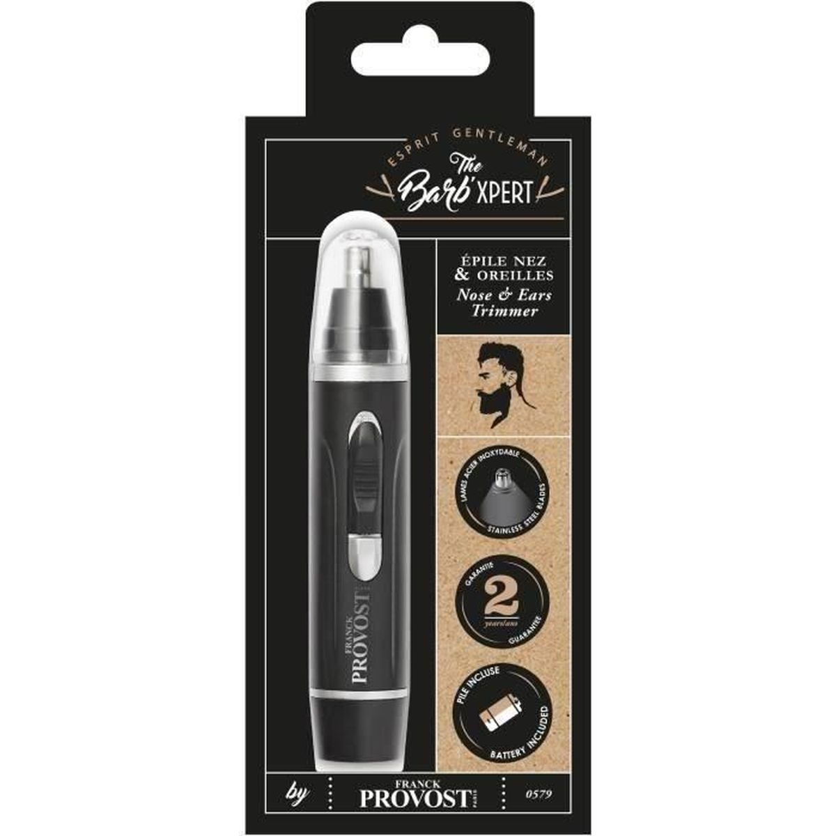Ein schwarzer und silberner Nasen- und Ohrenhaartrimmer in einer Verpackung mit Produktdetails und einem 2-Jahres-Garantie-Label.