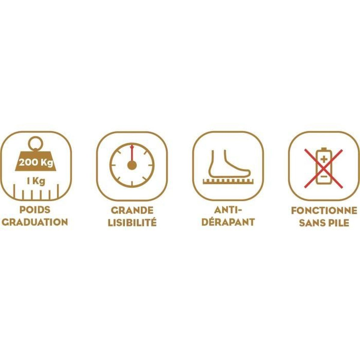 Icons: 200kg max, 1kg graduation, large display, anti-slip, battery-free.
