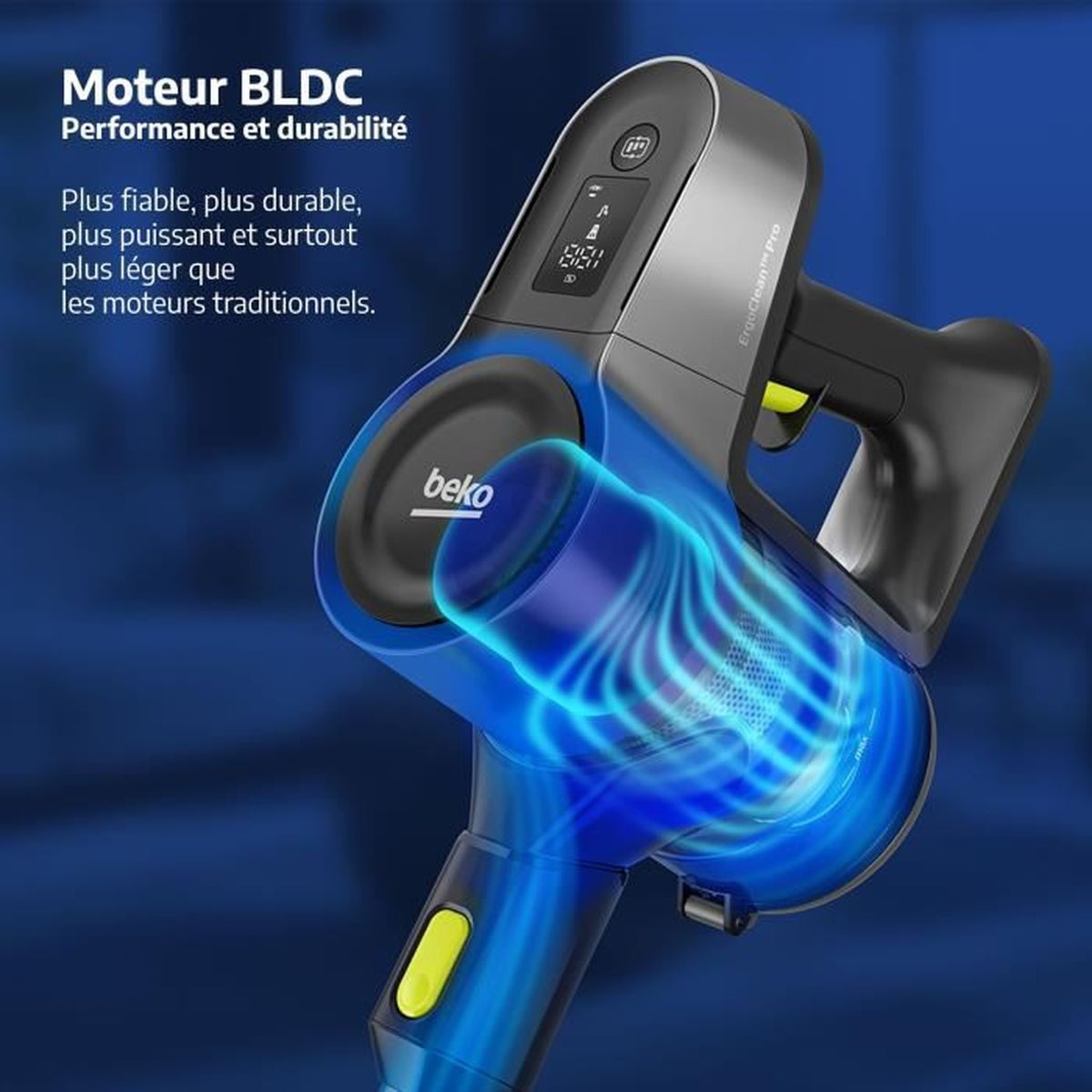 Una aspiradora de mano Beko azul con detalles amarillos y flujo de aire visualizado.
