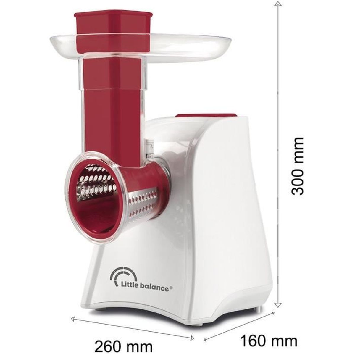 Un'affettatrice per verdure bianca e rossa con tamburi e dimensioni.