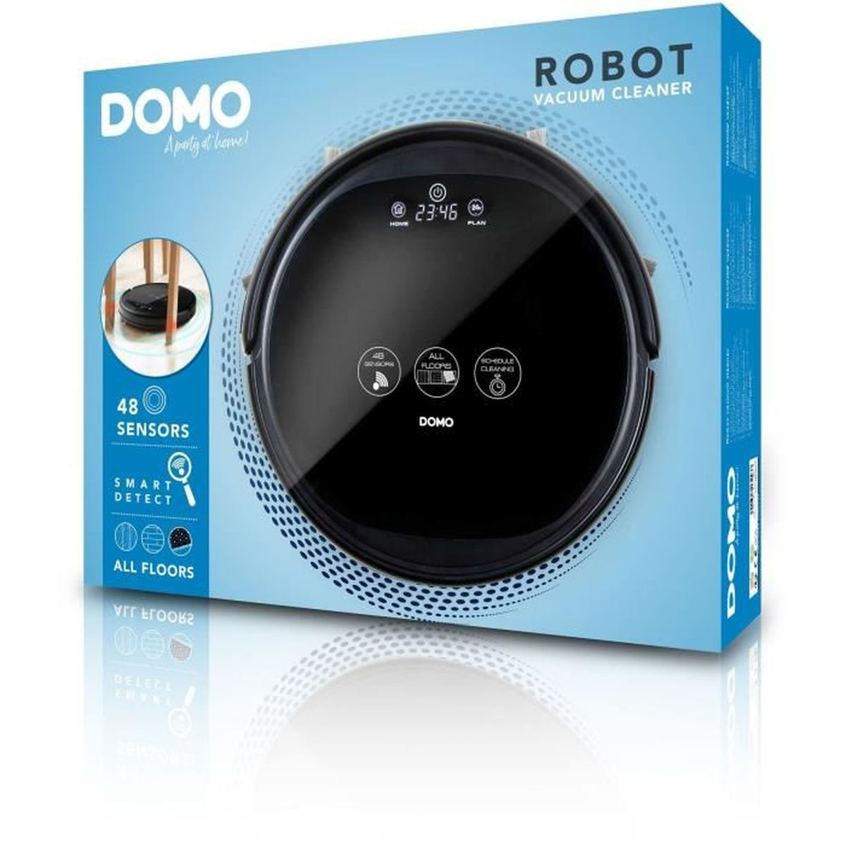 Domo Saugroboter-Verpackung mit Funktionen wie 48 Sensoren und Smart Detect.