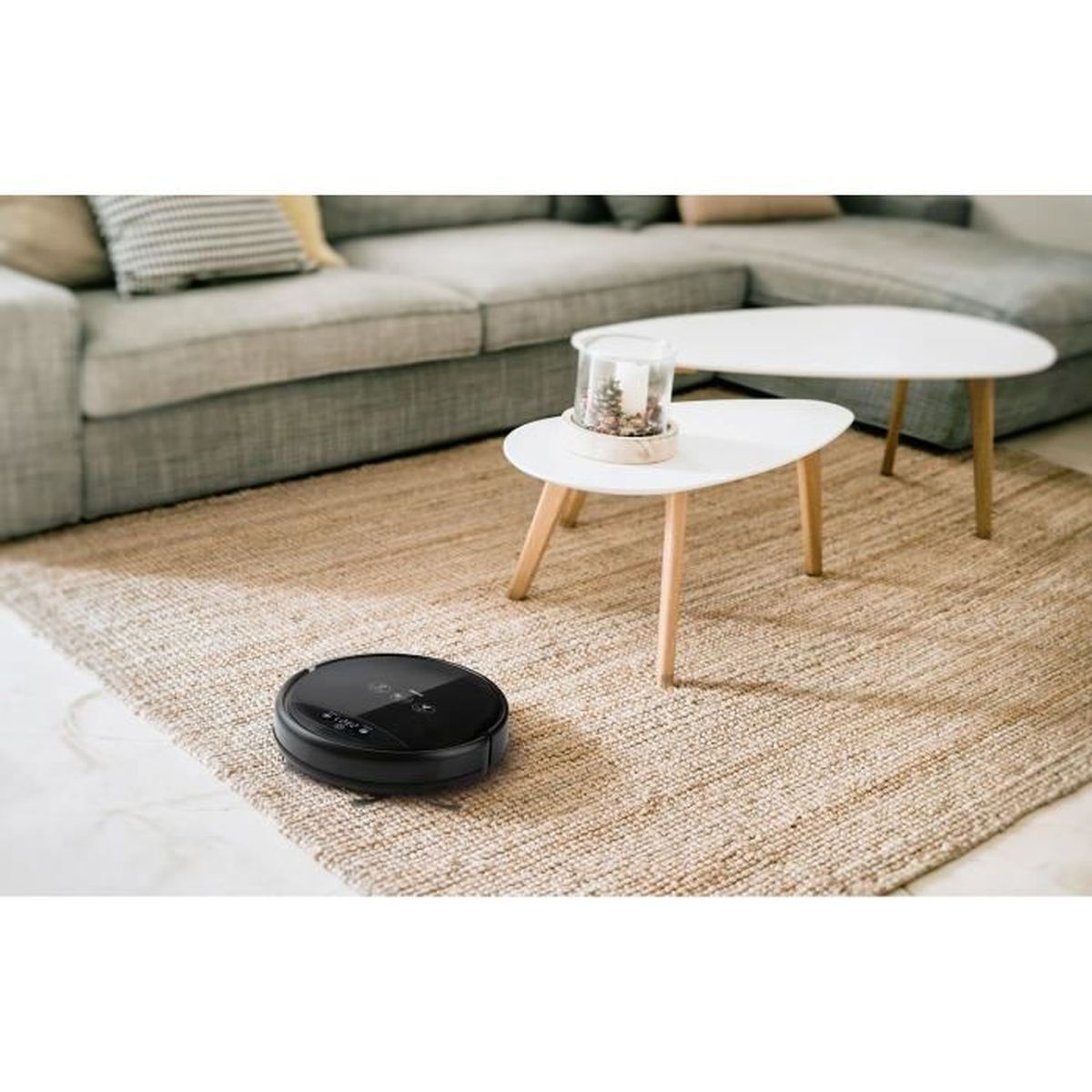 Ein schwarzer Saugroboter reinigt einen Teppich vor einem Sofa und Couchtischen.