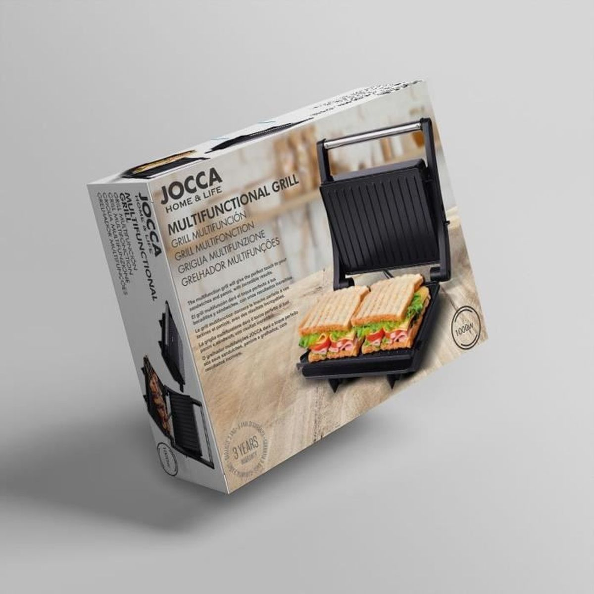 Embalaje de una parrilla multifuncional JOCCA con dos sándwiches.