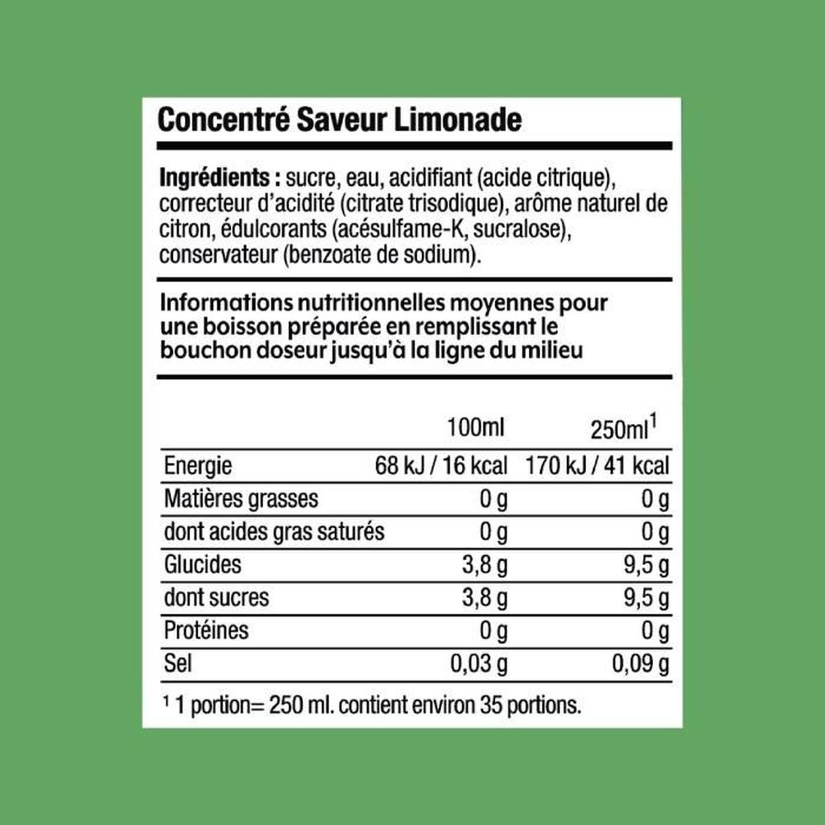 Info nutrizionali concentrato limone: Energia, grassi, zuccheri, proteine, sale.