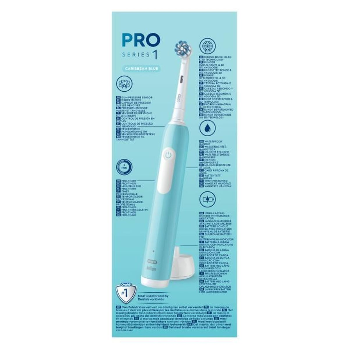 Un cepillo de dientes eléctrico Oral-B Pro Series 1 azul claro con cabezal redondo.