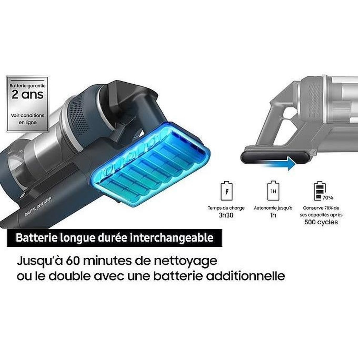 Un aspirapolvere senza fili con spazzola illuminata di blu e dettagli sulla batteria.