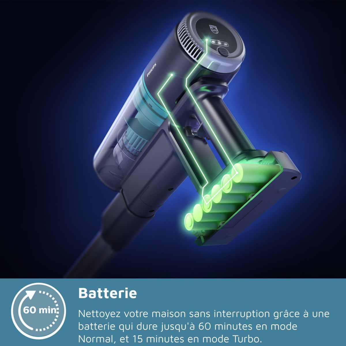 Un aspirador sin cable con pantalla de batería iluminada y "60 min."