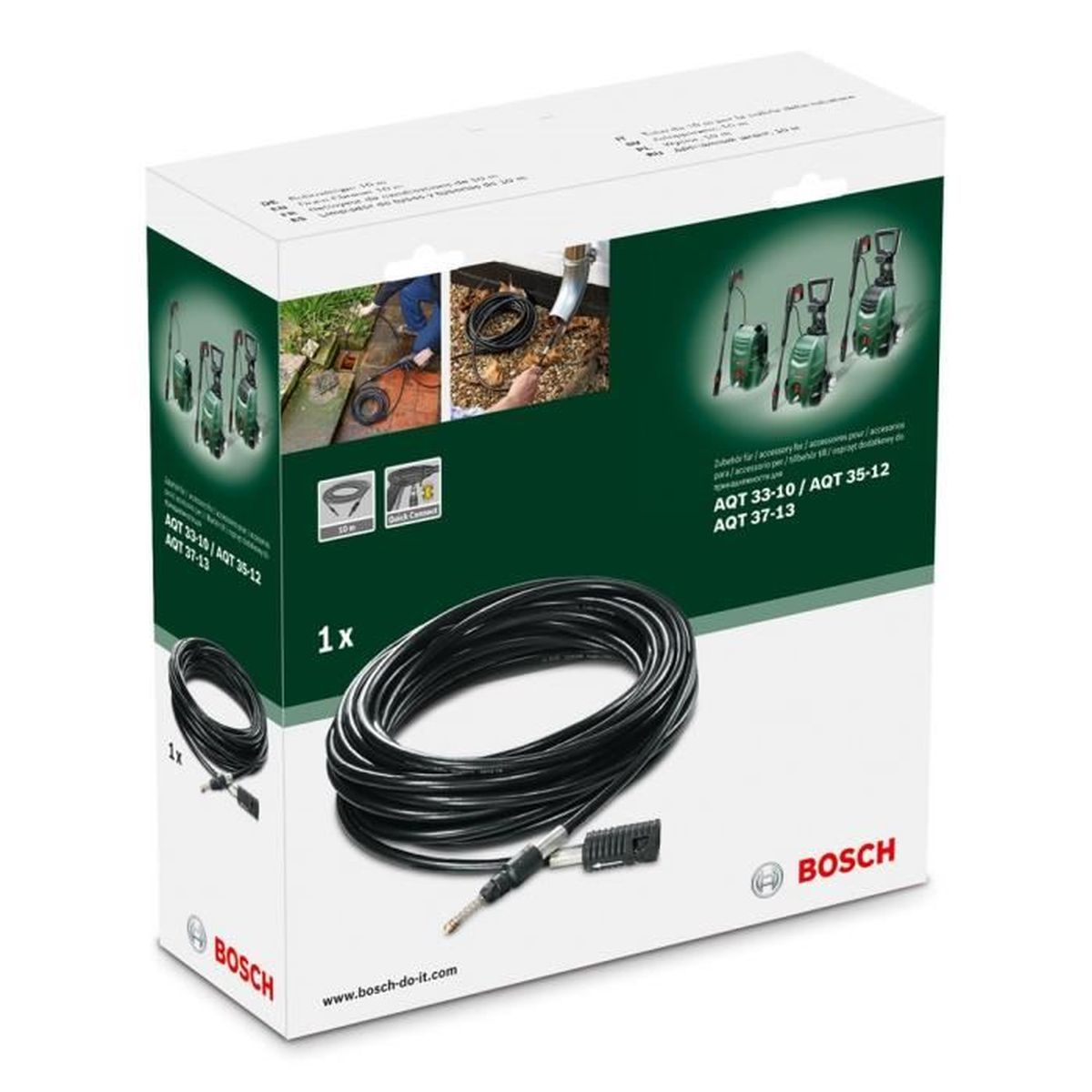 Bosch ambalajı, basınçlı yıkama makineleri için siyah hortum ve konektörler.