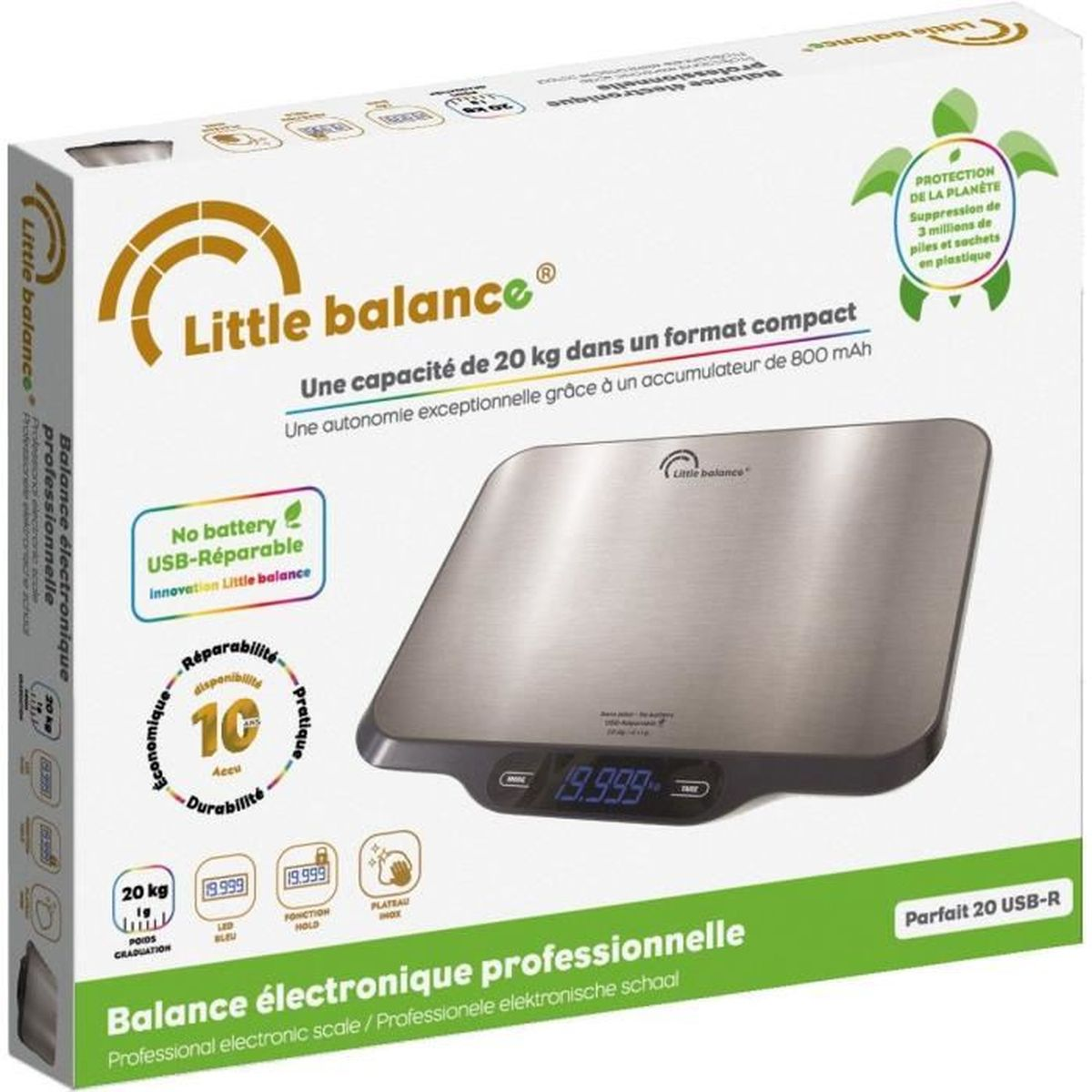 Digitale Waage mit Edelstahlplattform, 20 kg Kapazität, USB-aufladbar.