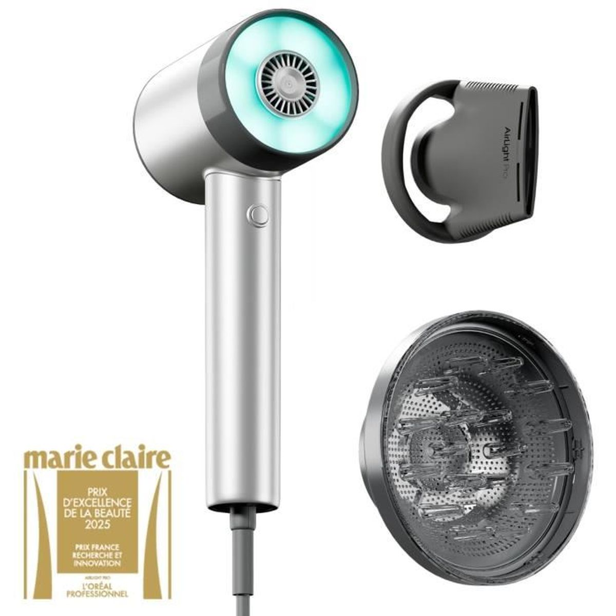 Ein silberner Haartrockner mit blaugrünem Licht, ein Aufsatz und ein Diffusor.